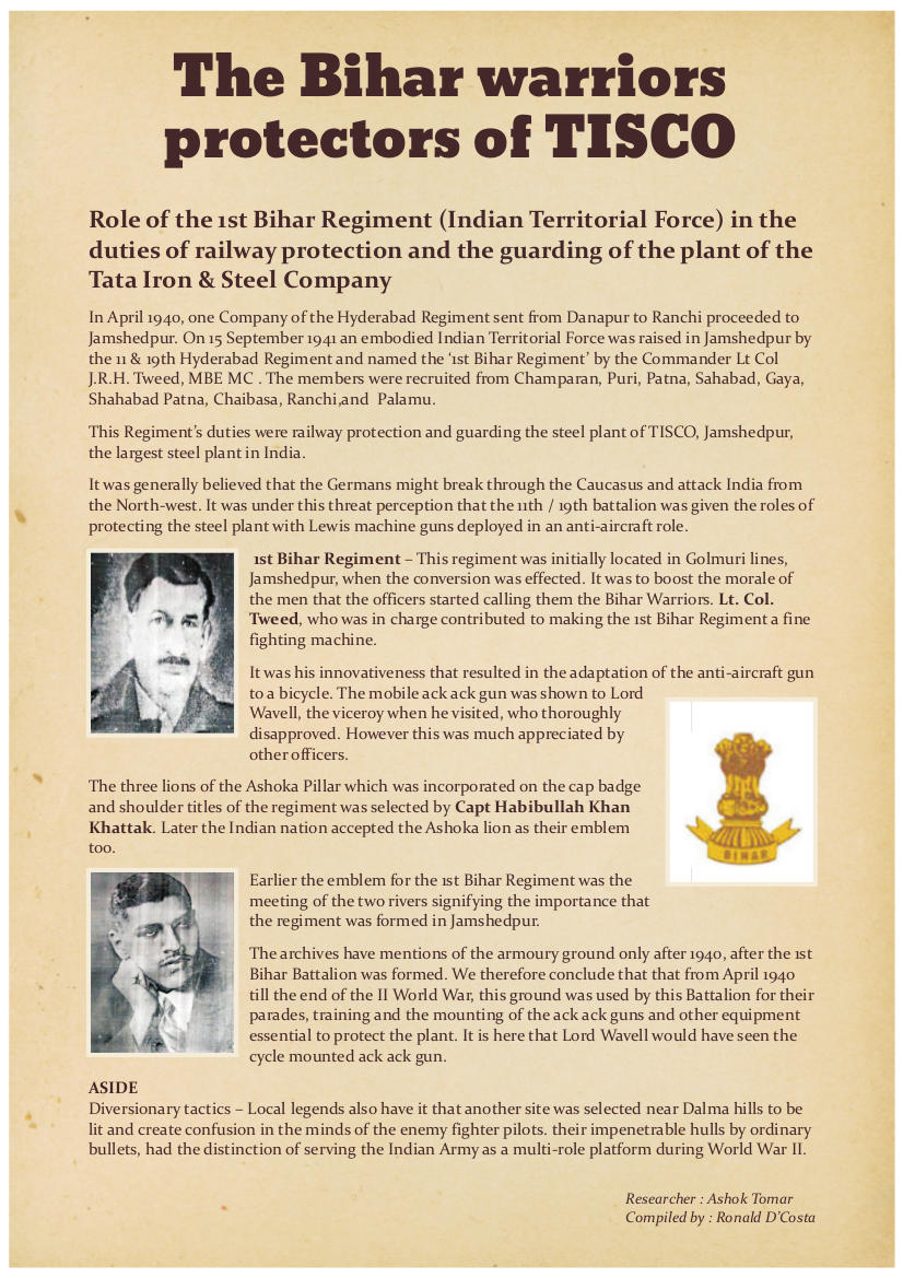 Role of First Bihar Regiment in guarding the railways and Tisco plant